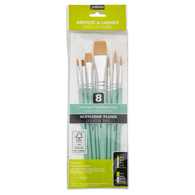 Pebeo - Acrylic Brush set - 8x Short Handle Synthetic Round & Flat Golden Taklon