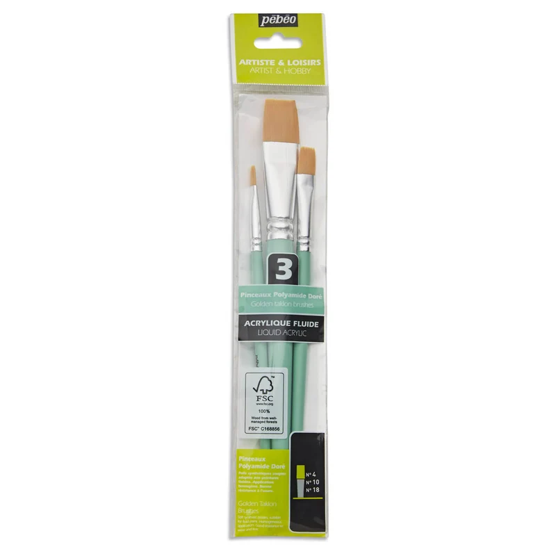 Pebeo - Acrylic Brush set - 3x Short Handle Synthetic Flat Golden Taklon