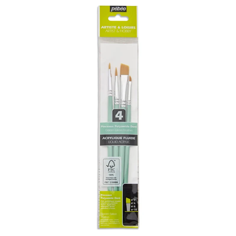 Pebeo - Acrylic Brush set - 4x Short Handle Synthetic Angular Golden Taklon