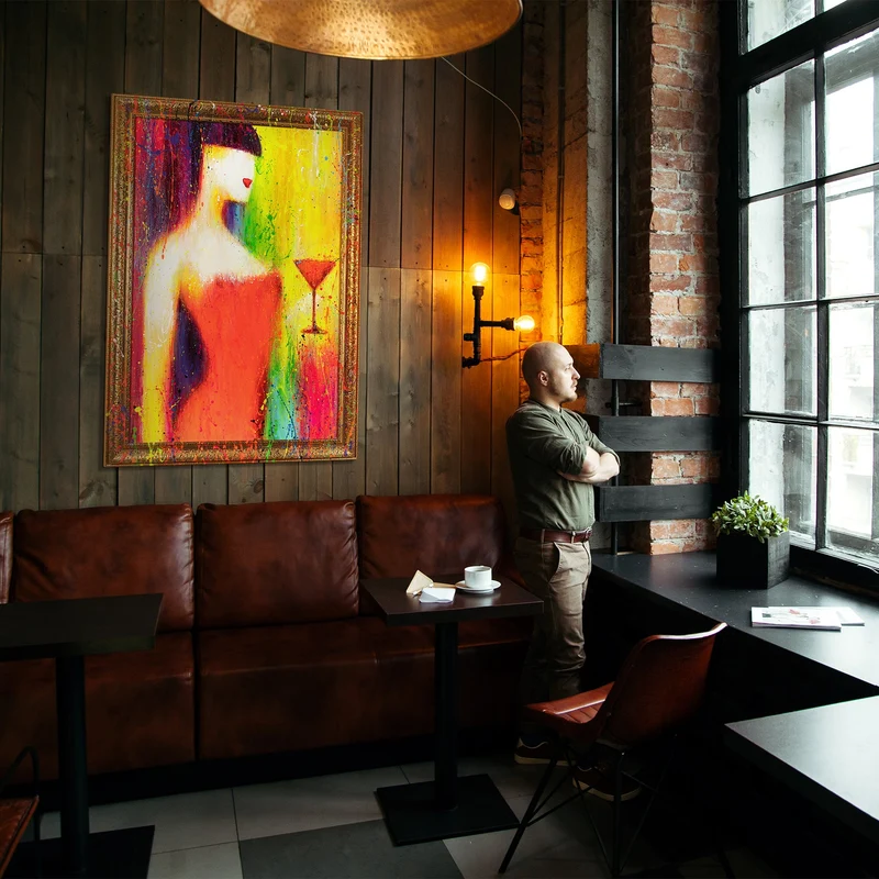 Abstrakte Gemälde Leinwand mit Rahmen Bild abstrakt bunt "Die Frau mit dem Glas"