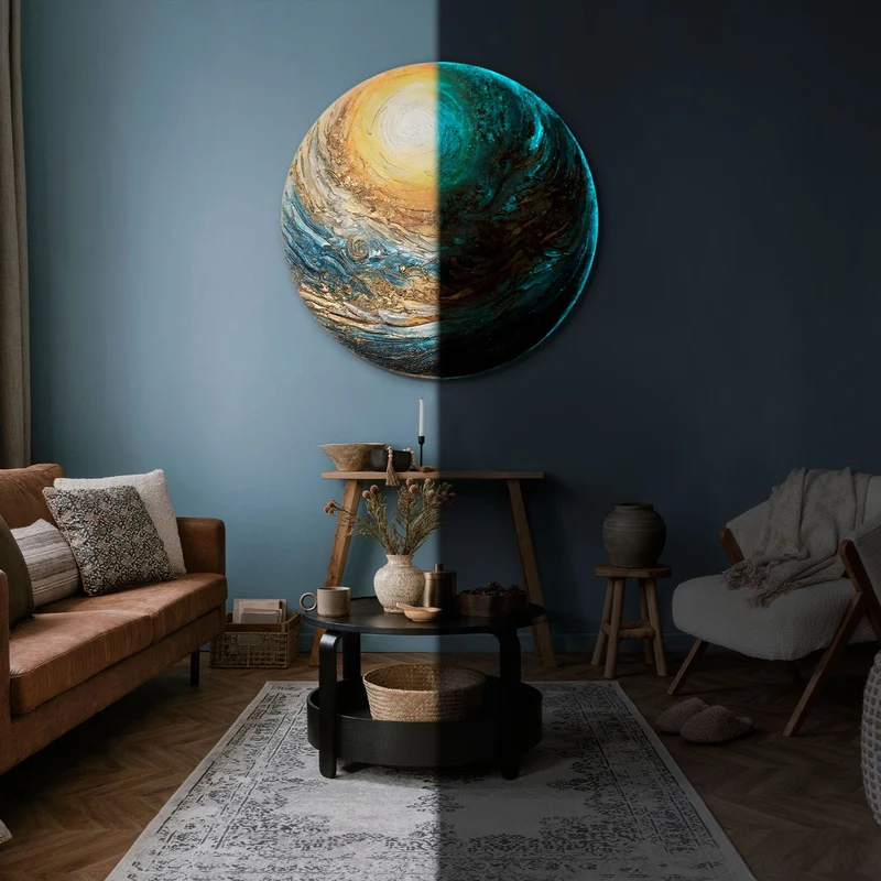 Leuchtendes Acryl Gemälde in Planetform "Goldsphere" Abstrakte Kunst
