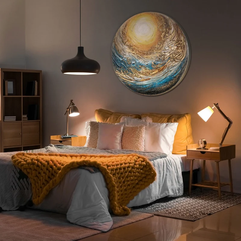Leuchtendes Acryl Gemälde in Planetform "Goldsphere" Abstrakte Kunst