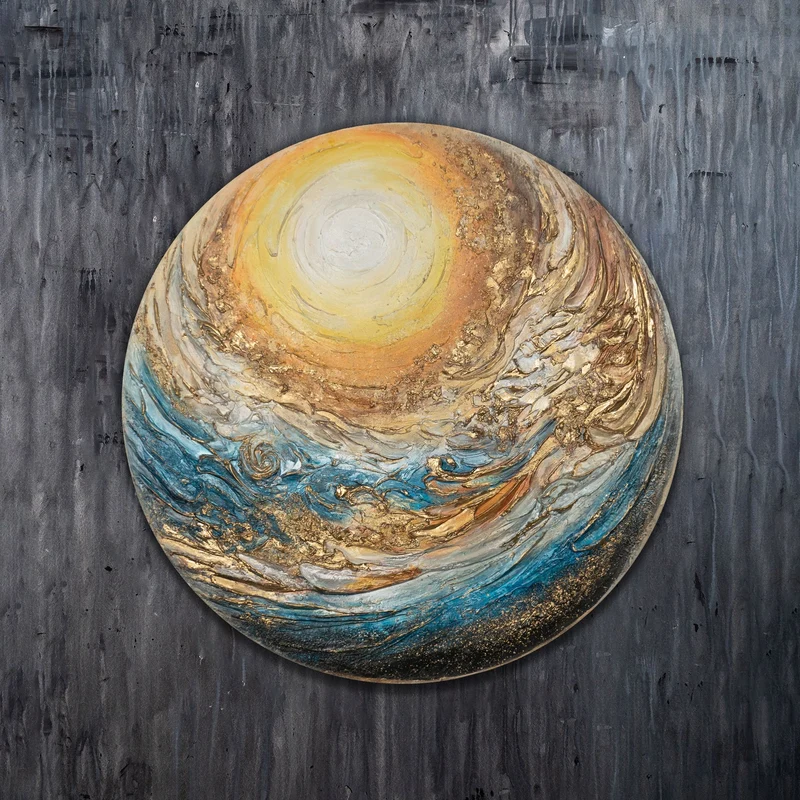 Leuchtendes Acryl Gemälde in Planetform "Goldsphere" Abstrakte Kunst