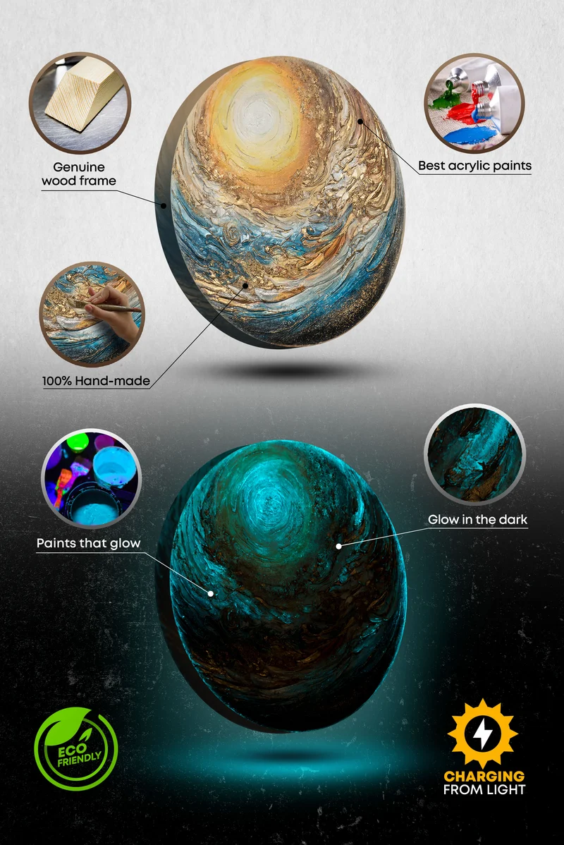 Leuchtendes Acryl Gemälde in Planetform "Goldsphere" Abstrakte Kunst
