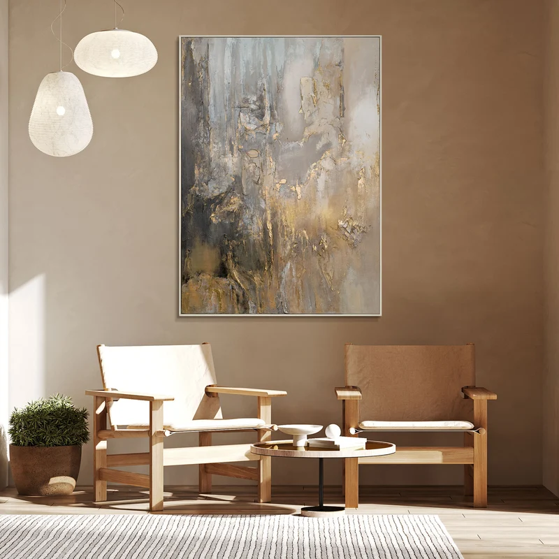 Handgemalte Bilder auf Leinwand "Goldene Horizonte" mit Rahmen für Wanddeko Wohnzimmer