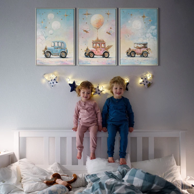 Triptychon Kinderzimmer Wandbild „Vintage Autos" – handgemalt auf Leinwand, 120×60 cm