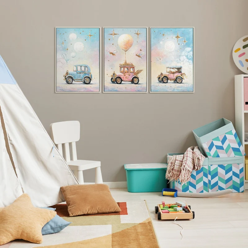 Triptychon Kinderzimmer Wandbild „Vintage Autos" – handgemalt auf Leinwand, 120×60 cm
