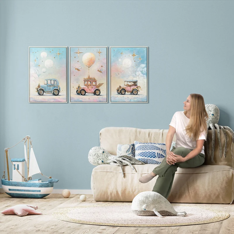 Triptychon Kinderzimmer Wandbild „Vintage Autos" – handgemalt auf Leinwand, 120×60 cm