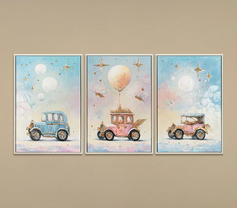 Triptychon Kinderzimmer Wandbild „Vintage Autos" – handgemalt auf Leinwand, 120×60 cm