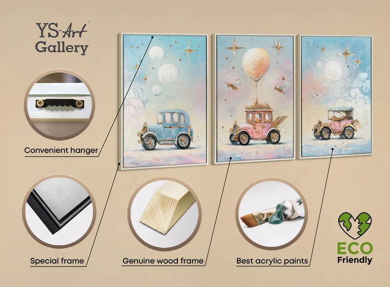 Triptychon Kinderzimmer Wandbild „Vintage Autos" – handgemalt auf Leinwand, 120×60 cm