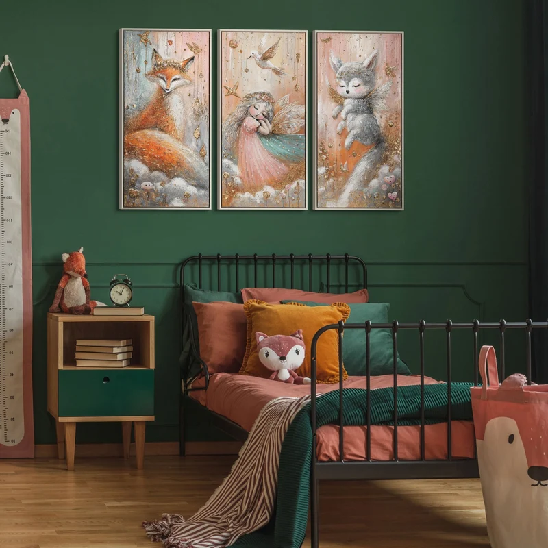 Triptychon Mädchenzimmer Wandbild „Märchenwald" – handgemalt auf Leinwand, 120×80 cm