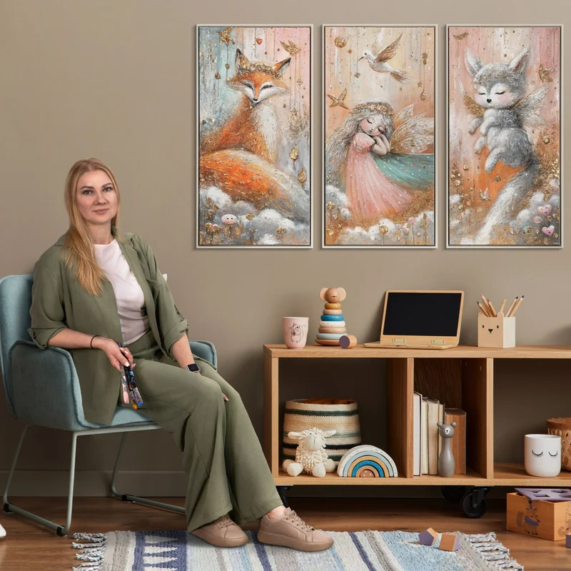 Triptychon Mädchenzimmer Wandbild „Märchenwald" – handgemalt auf Leinwand, 120×80 cm