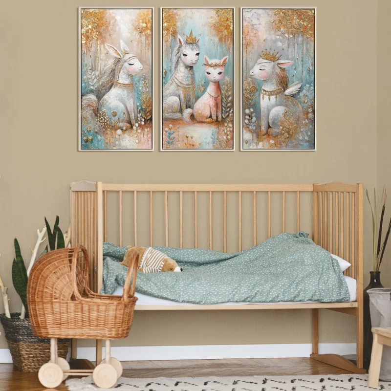 Triptychon Kinderzimmer Wandbild „Prinzessin & Waldtiere" – handgemalt, 120×80 cm