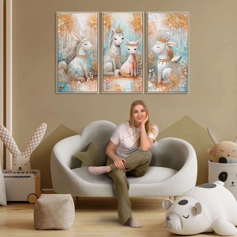 Triptychon Kinderzimmer Wandbild „Prinzessin & Waldtiere" – handgemalt, 120×80 cm