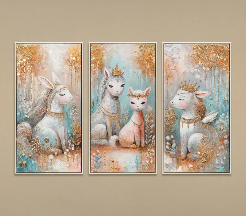 Triptychon Kinderzimmer Wandbild „Prinzessin & Waldtiere" – handgemalt, 120×80 cm