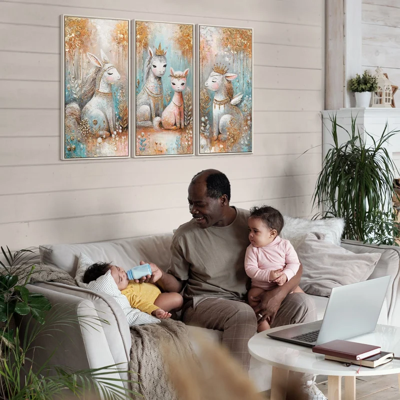 Triptychon Kinderzimmer Wandbild „Prinzessin & Waldtiere" – handgemalt, 120×80 cm