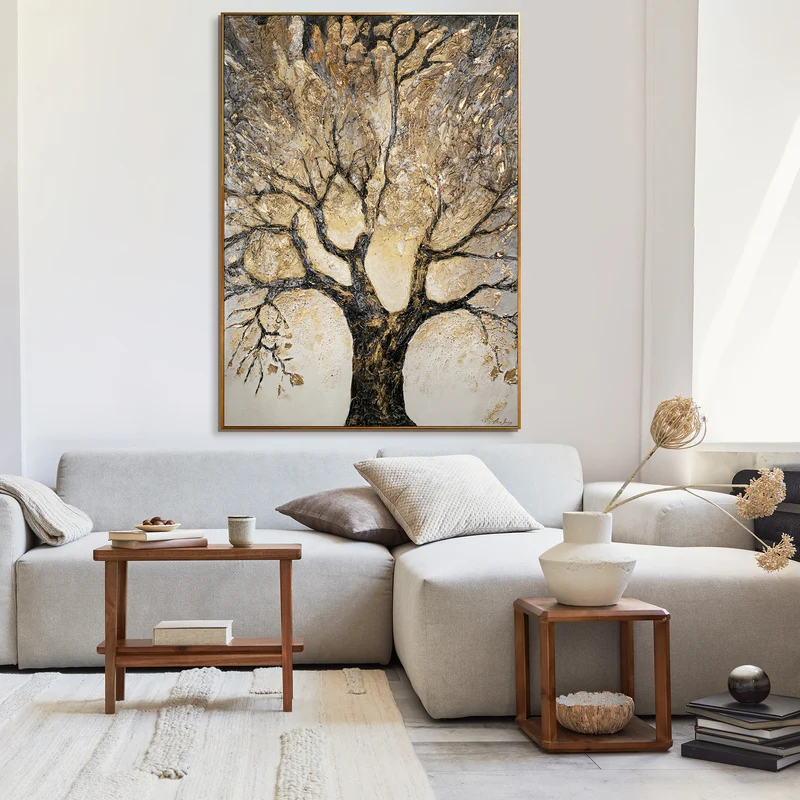 Wanddeko Handgemaltes modernes Kunstwerk auf Leinwand mit Rahmen Baum des Reichtums und des Wohlstands