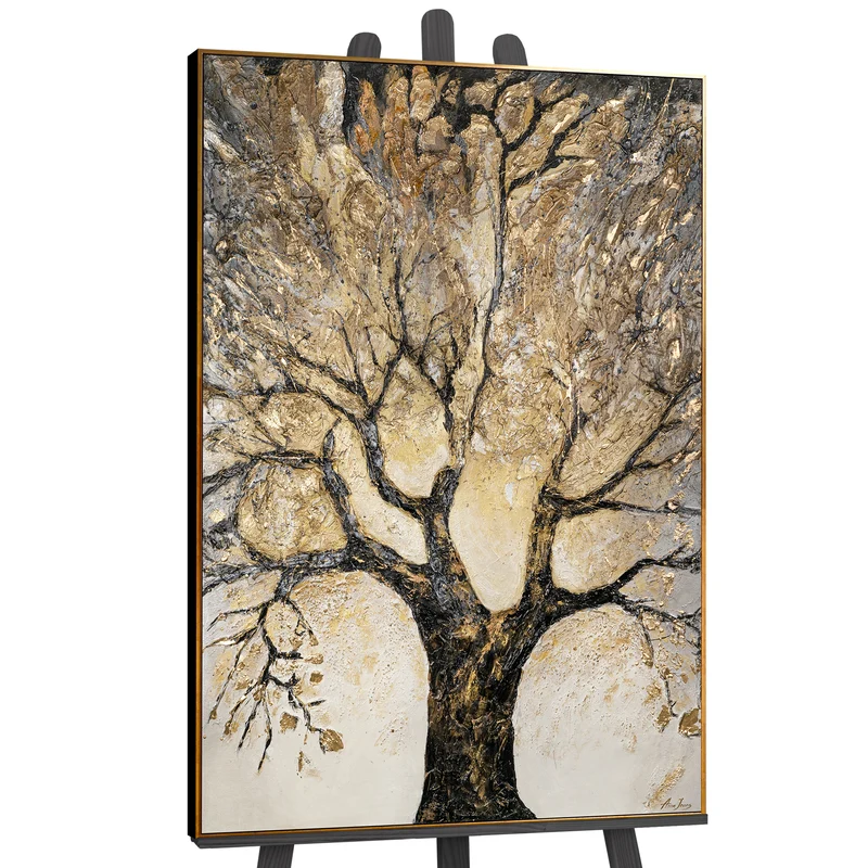 Wanddeko Handgemaltes modernes Kunstwerk auf Leinwand mit Rahmen Baum des Reichtums und des Wohlstands