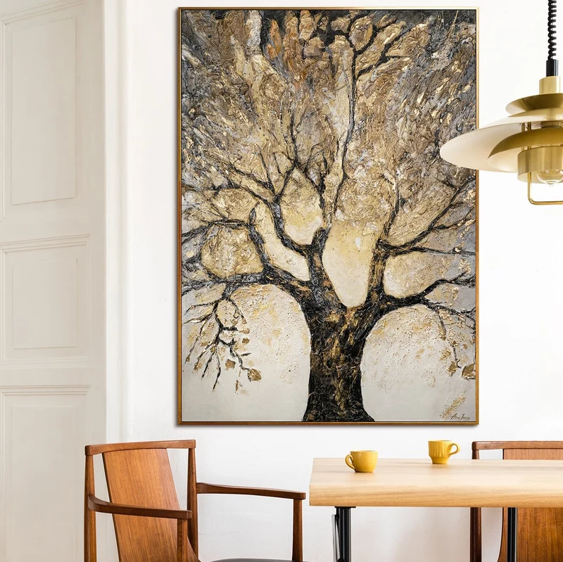 Wanddeko Handgemaltes modernes Kunstwerk auf Leinwand mit Rahmen Baum des Reichtums und des Wohlstands