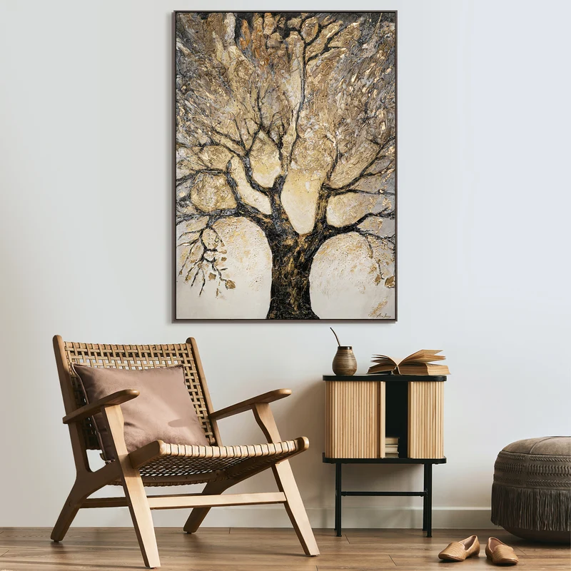 Wanddeko Handgemaltes modernes Kunstwerk auf Leinwand mit Rahmen Baum des Reichtums und des Wohlstands
