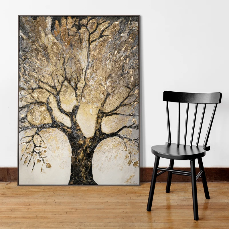 Wanddeko Handgemaltes modernes Kunstwerk auf Leinwand mit Rahmen Baum des Reichtums und des Wohlstands