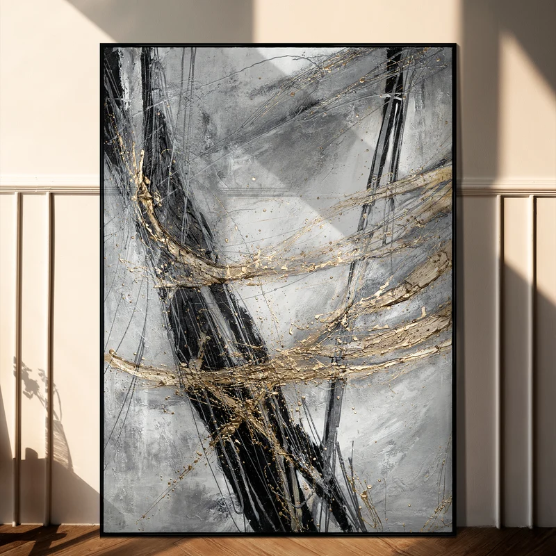 Abstrakte Leinwandkunst mit goldenen Akzenten mit Rahmen Goldener Strich