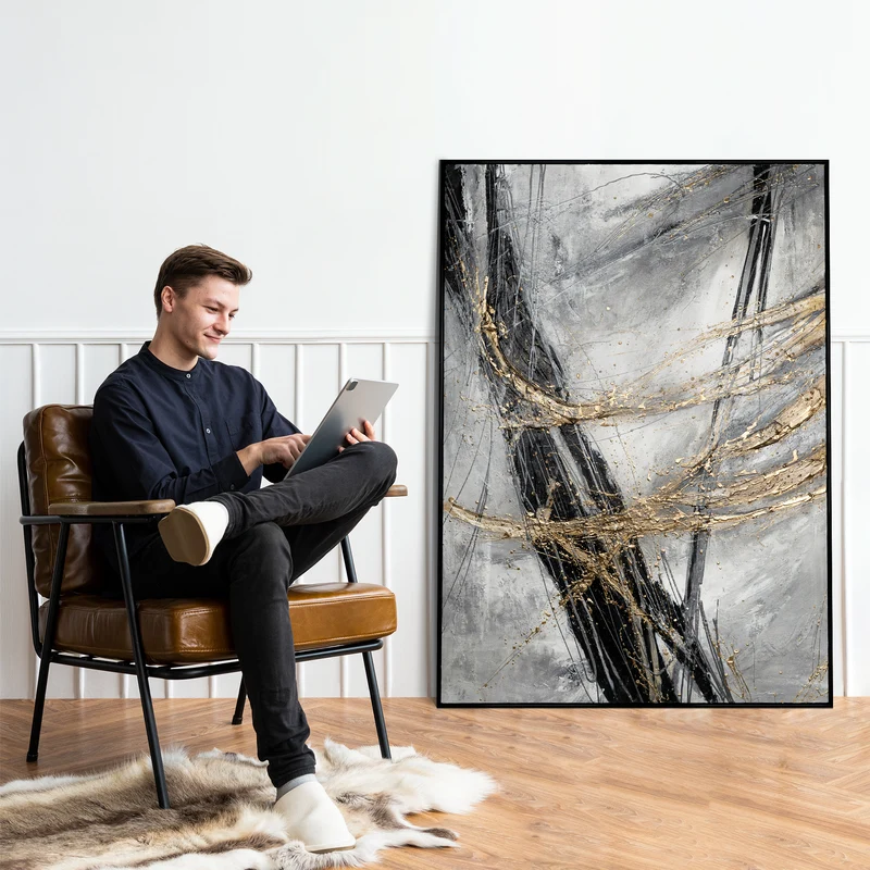 Abstrakte Leinwandkunst mit goldenen Akzenten mit Rahmen Goldener Strich