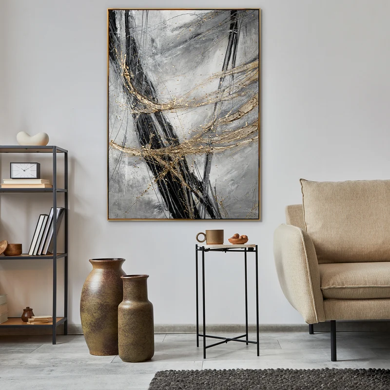 Abstrakte Leinwandkunst mit goldenen Akzenten mit Rahmen Goldener Strich