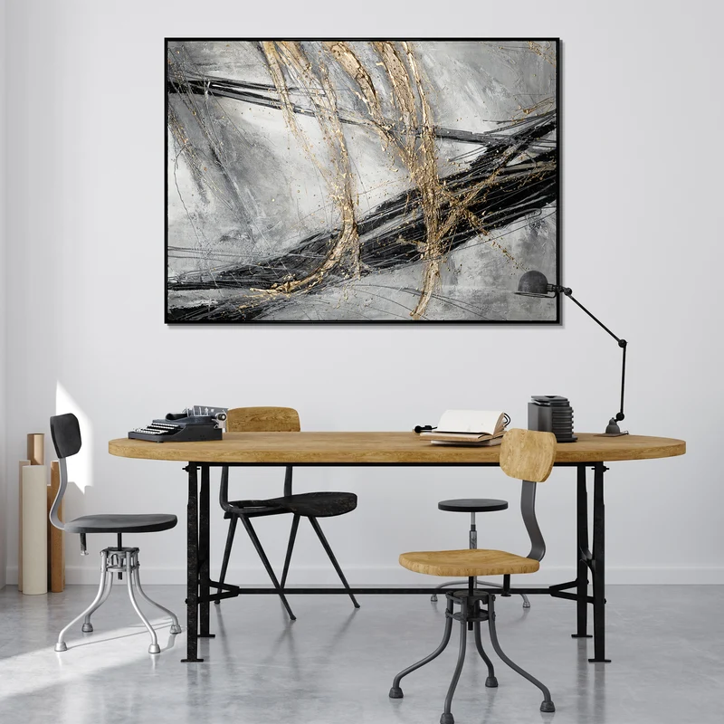 Abstrakte Leinwandkunst mit goldenen Akzenten mit Rahmen Goldener Strich
