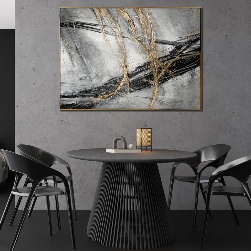 Abstrakte Leinwandkunst mit goldenen Akzenten mit Rahmen Goldener Strich