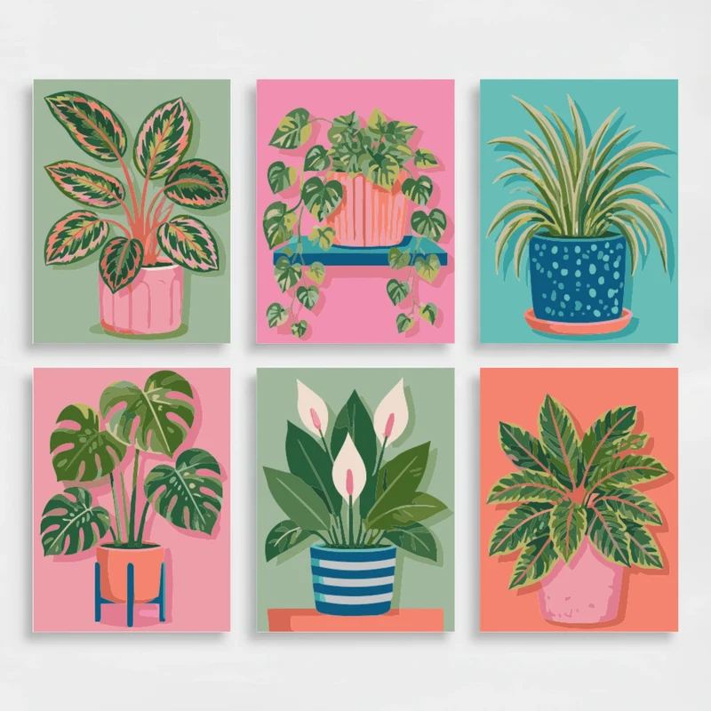 Colorful Potted Houseplants Collection - Mini Paint by Numbers Set