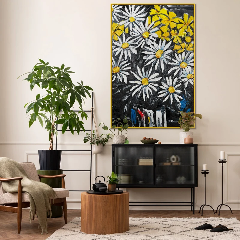 Wanddeko Wohnzimmer Blumen Gemälde mit Rahmen "Schneeweiße Margeriten"