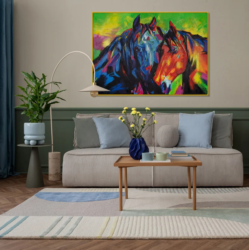 Wanddeko Wohnzimmer moderne Gemälde mit Rahmen "Vielfarbige Mähnen" bunte Pferde