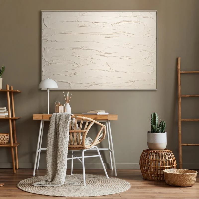 Beige Abstraktes Acryl-Leinwandbild mit Rahmen - Sanfte Berührung
