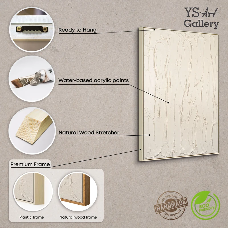 Beige Abstraktes Acryl-Leinwandbild mit Rahmen - Sanfte Berührung