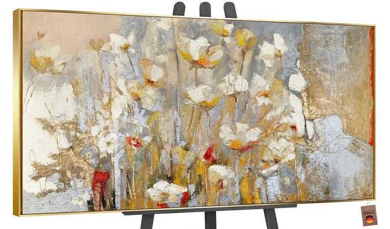 Blumen Gemälde mit Goldakzenten Frühlingsduft – Handgemalt auf Leinwand mit Rahmen