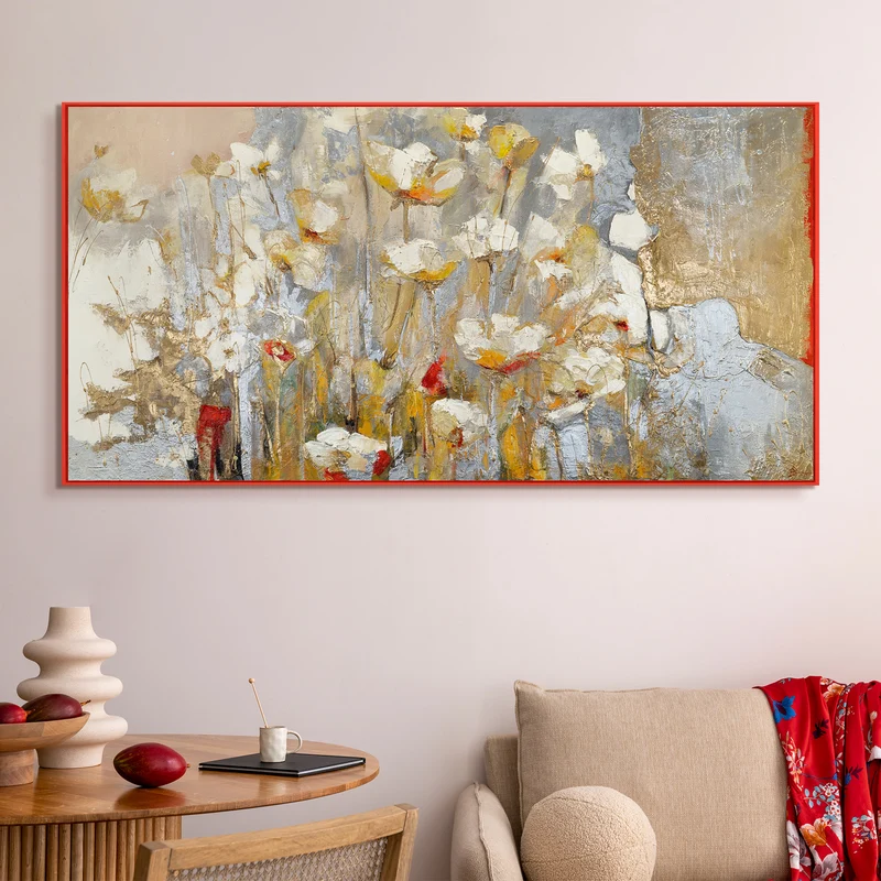 Blumen Gemälde mit Goldakzenten Frühlingsduft – Handgemalt auf Leinwand mit Rahmen