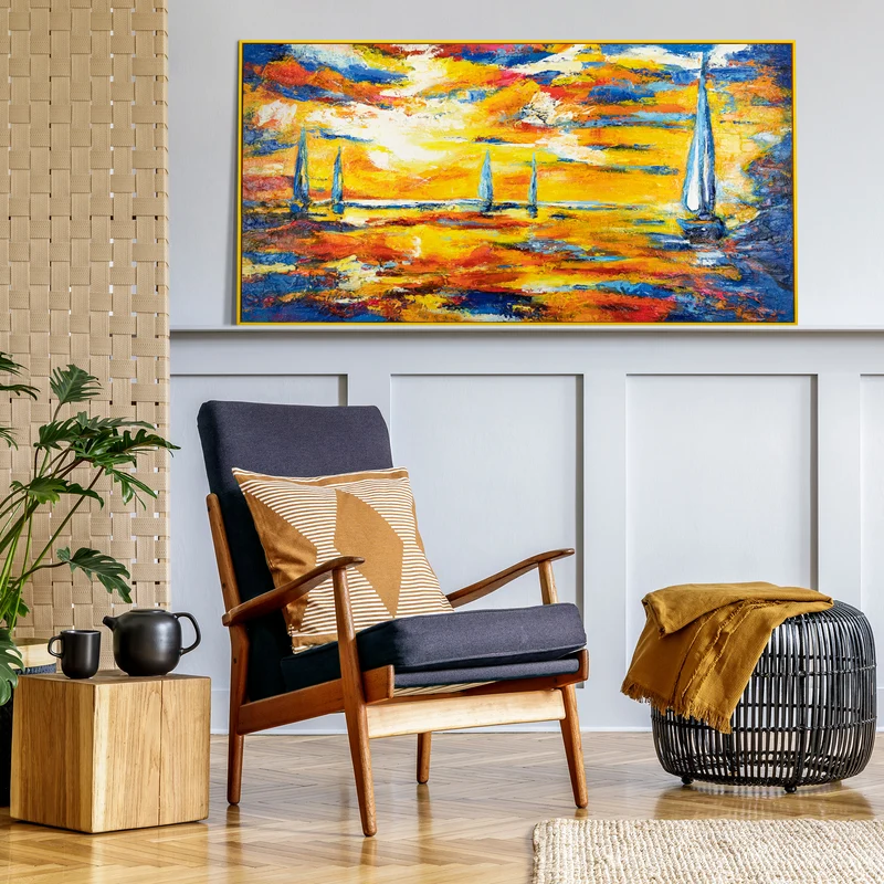 Abstraktes Acrylbild auf Leinwand – Handgemaltes Segelboote bei Sonnenuntergang mit Rahmen Meer Mirage