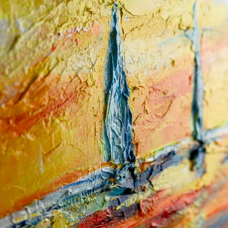 Abstraktes Acrylbild auf Leinwand – Handgemaltes Segelboote bei Sonnenuntergang mit Rahmen Meer Mirage