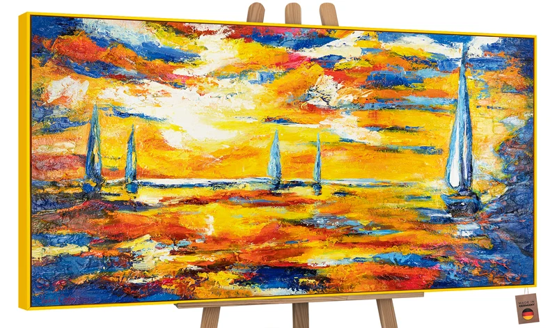 Abstraktes Acrylbild auf Leinwand – Handgemaltes Segelboote bei Sonnenuntergang mit Rahmen Meer Mirage
