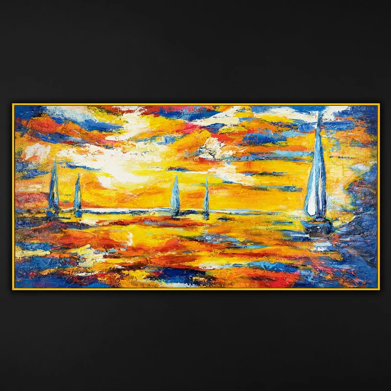 Abstraktes Acrylbild auf Leinwand – Handgemaltes Segelboote bei Sonnenuntergang mit Rahmen Meer Mirage