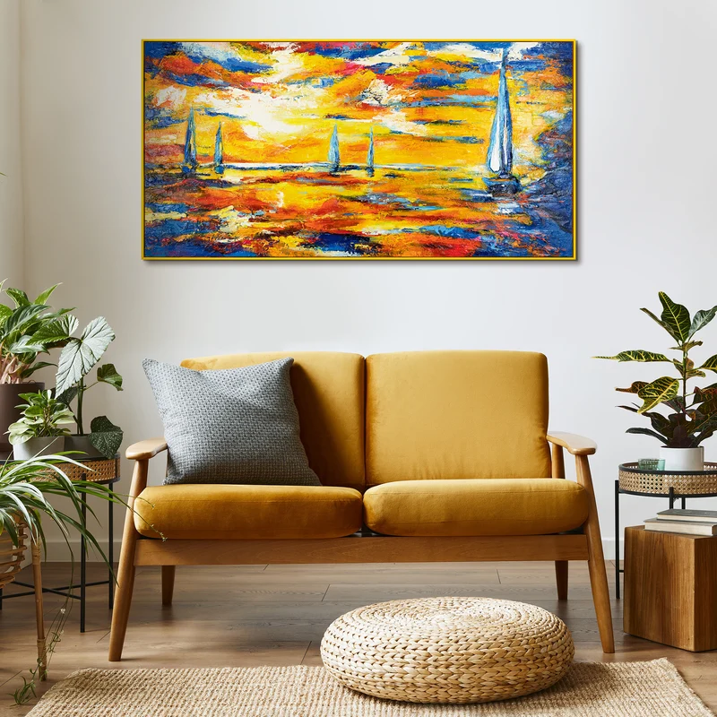 Abstraktes Acrylbild auf Leinwand – Handgemaltes Segelboote bei Sonnenuntergang mit Rahmen Meer Mirage