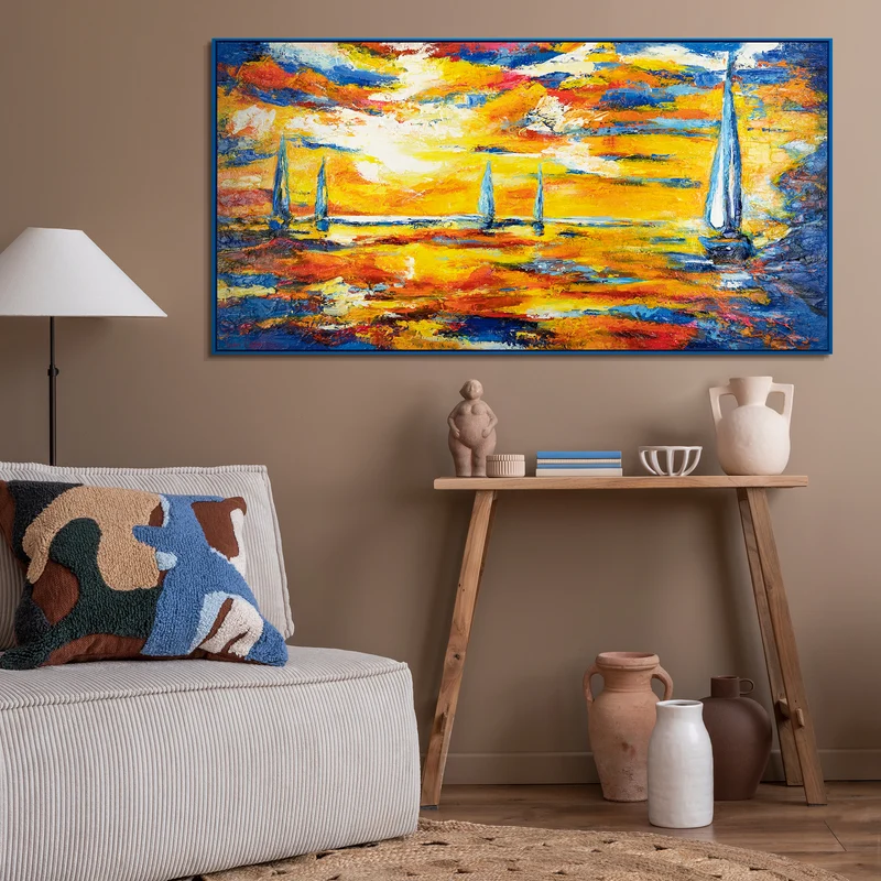 Abstraktes Acrylbild auf Leinwand – Handgemaltes Segelboote bei Sonnenuntergang mit Rahmen Meer Mirage