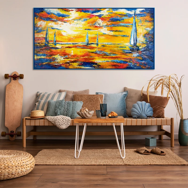 Abstraktes Acrylbild auf Leinwand – Handgemaltes Segelboote bei Sonnenuntergang mit Rahmen Meer Mirage