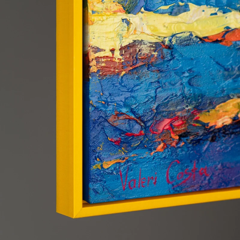 Abstraktes Acrylbild auf Leinwand – Handgemaltes Segelboote bei Sonnenuntergang mit Rahmen Meer Mirage