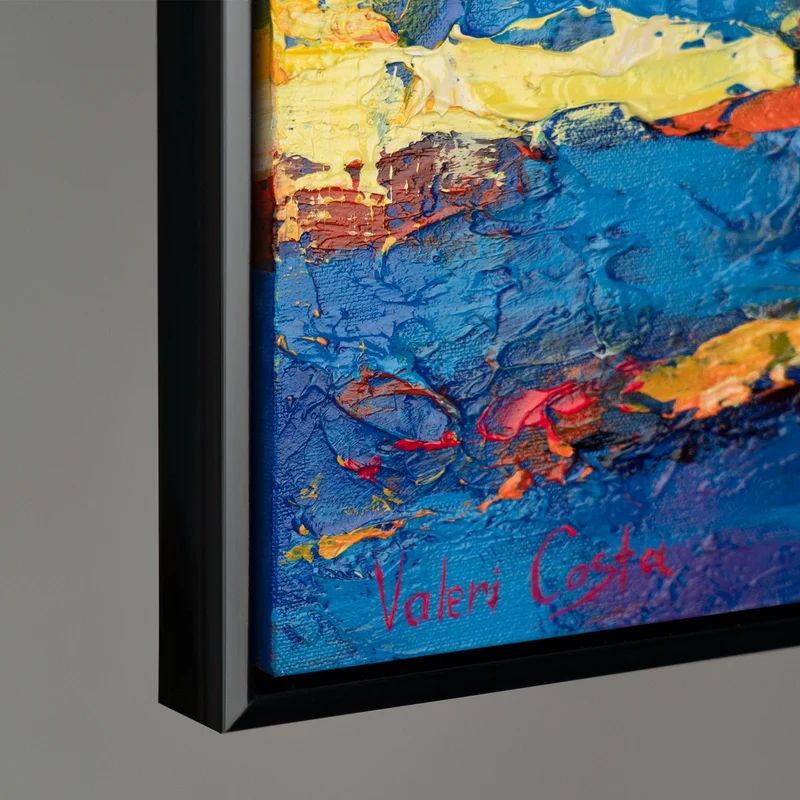 Abstraktes Acrylbild auf Leinwand – Handgemaltes Segelboote bei Sonnenuntergang mit Rahmen Meer Mirage