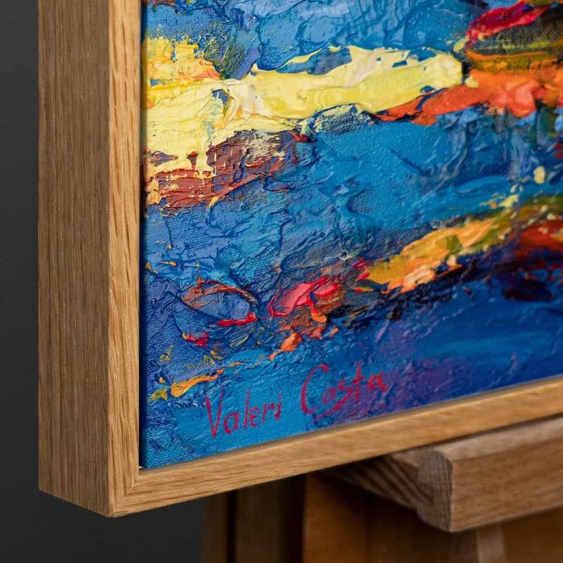 Abstraktes Acrylbild auf Leinwand – Handgemaltes Segelboote bei Sonnenuntergang mit Rahmen Meer Mirage