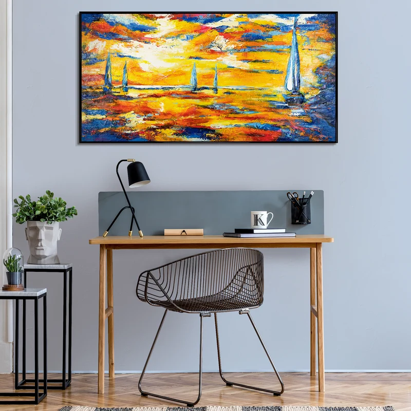 Abstraktes Acrylbild auf Leinwand – Handgemaltes Segelboote bei Sonnenuntergang mit Rahmen Meer Mirage