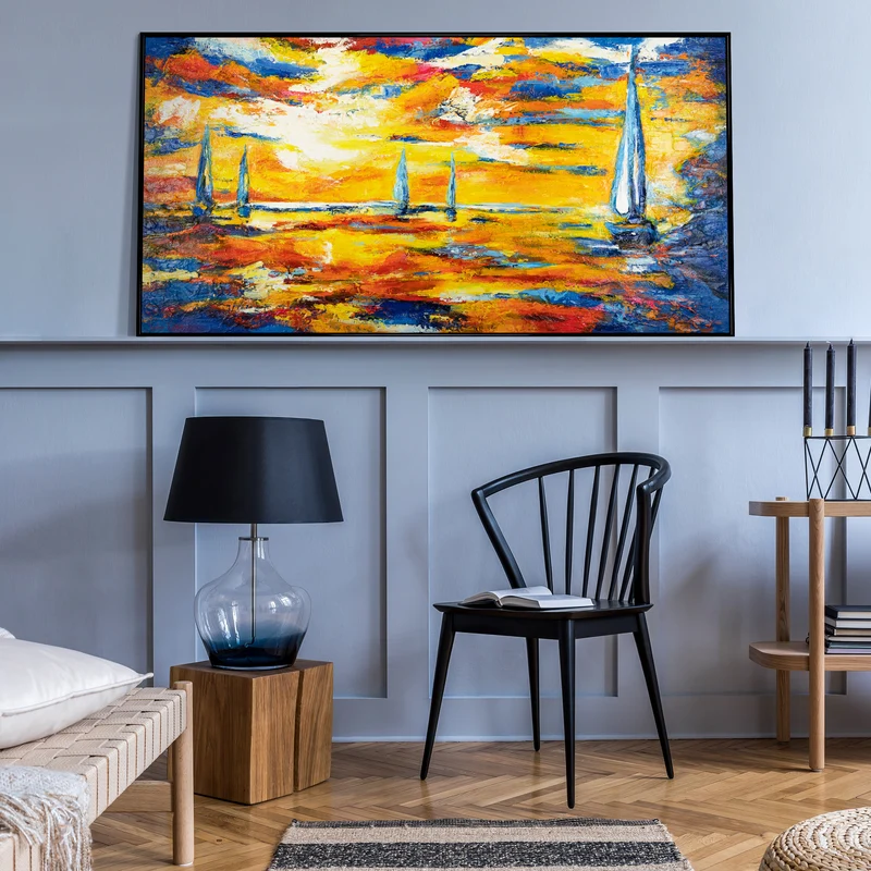 Abstraktes Acrylbild auf Leinwand – Handgemaltes Segelboote bei Sonnenuntergang mit Rahmen Meer Mirage