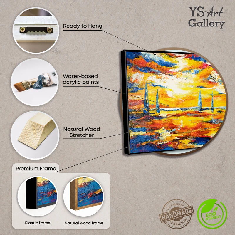 Abstraktes Acrylbild auf Leinwand – Handgemaltes Segelboote bei Sonnenuntergang mit Rahmen Meer Mirage